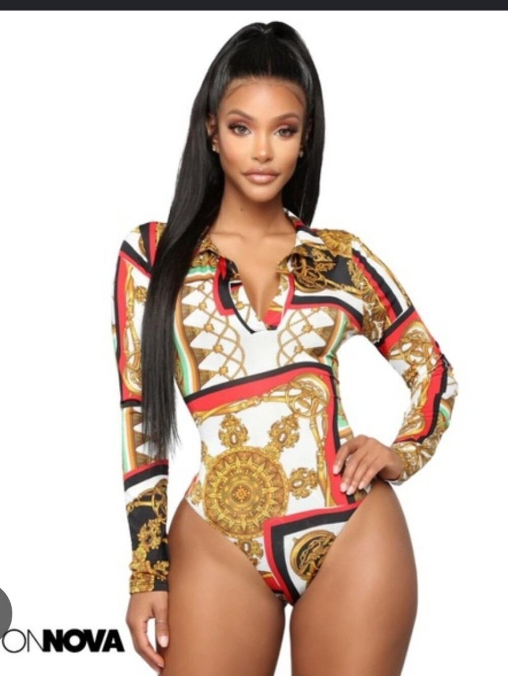 Fashion Nova long-sleeve collared bodysuit